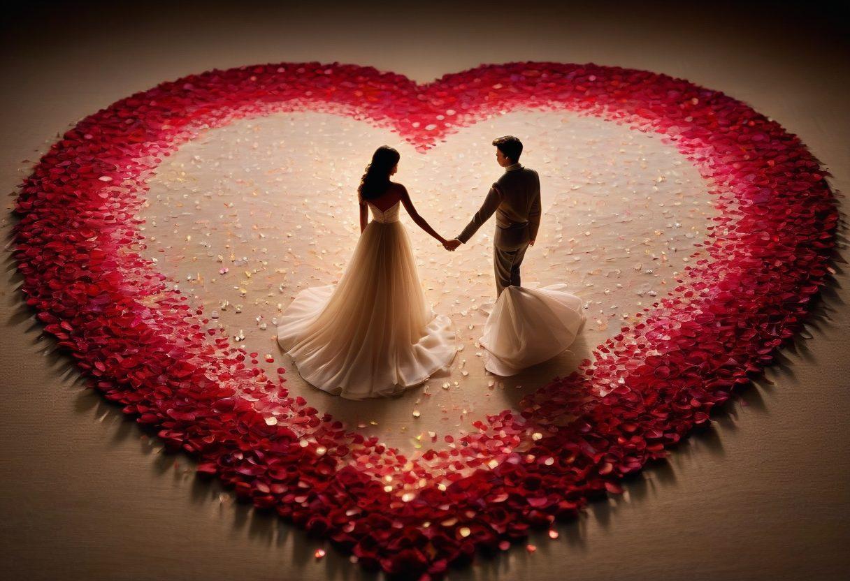 A cozy, candlelit setting with a couple holding hands, surrounded by love letters and soft rose petals, evoking warmth and intimacy. In the background, a beautiful heart-shaped tapestry showcases threads intricately woven together, symbolizing the complexity of love. Soft, dreamy lighting enhances the romantic atmosphere. super-realistic. vibrant colors. warm tones.