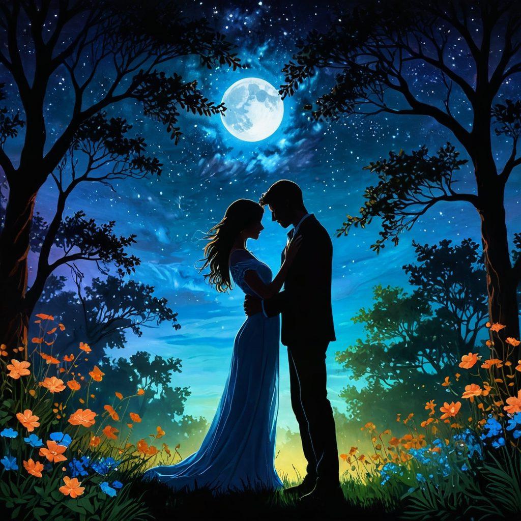 A romantic scene depicting two soulmates, entwined in a warm embrace under a starry night sky filled with twinkling stars. Their silhouettes gently illuminated by soft moonlight, surrounded by lush greenery and blooming flowers, symbolizing passion and connection. The atmosphere radiates warmth and intimacy, with ethereal light highlighting their faces. Artistic style: painting with vibrant colors and soft brush strokes.