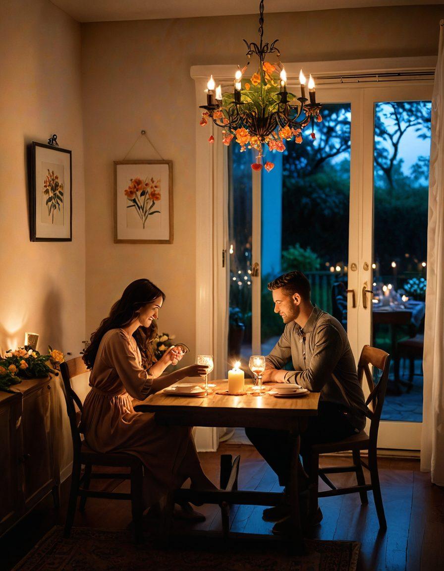 A warm and inviting scene of a couple enjoying a cozy, candle-lit dinner at a beautifully set table, surrounded by soft, romantic lighting. Delicate heart-shaped motifs subtly incorporated into the decor, symbolizing love and intimacy. A backdrop of blooming flowers, representing growth in relationships, enhances the atmosphere. The couple is engaged in deep conversation, radiating joy and connection. soft focus. vibrant colors. romantic ambiance.